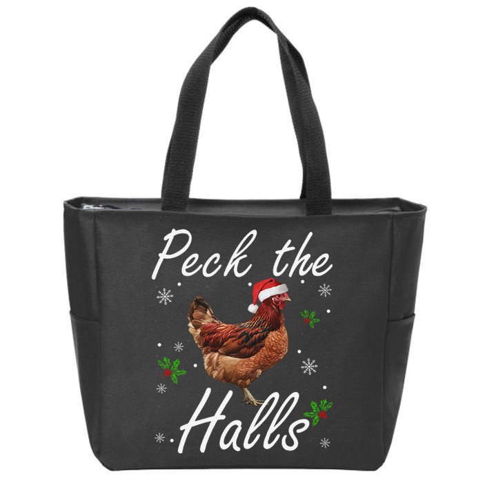 Peck The Halls Christmas Chicken Santa Hat Lights Snowflakes Zip Tote Bag