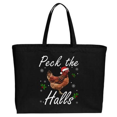 Peck The Halls Christmas Chicken Santa Hat Lights Snowflakes Cotton Canvas Jumbo Tote