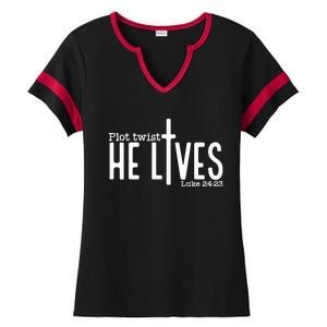 Plot Twist He Lives Easter Christian Jesus Bible Ver Ladies Halftime Notch Neck Tee