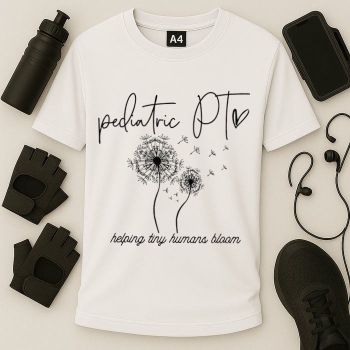 Physical Therapist Helping Tiny Human Bloom Pediatric PT Cooling Performance Crew T-Shirt