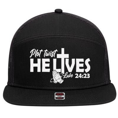 Plot Twist He Lives Luke 2423 Christian God Easter Funny 7 Panel Mesh Trucker Snapback Hat