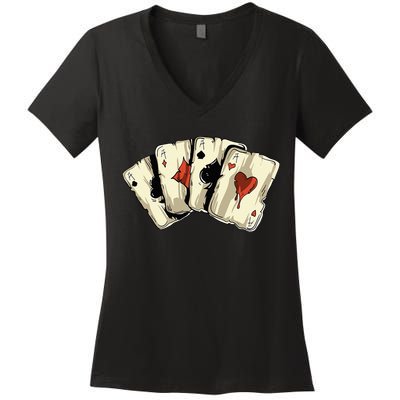 Poker Texas Hold'Em Gambling Casino 4 Aces Poker Women's V-Neck T-Shirt