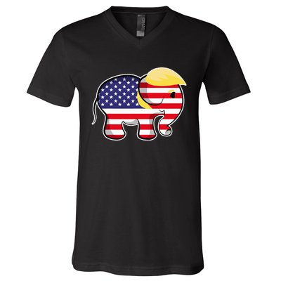 Pro Trump Hair Elephant Red White Blue Flag Republican V-Neck T-Shirt