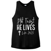 Plot Twist He Lives 2423 Jesus Easter Christian Apparel Ladies PosiCharge Tri-Blend Wicking Tank