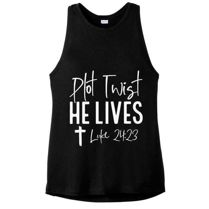 Plot Twist He Lives 2423 Jesus Easter Christian Apparel Ladies PosiCharge Tri-Blend Wicking Tank
