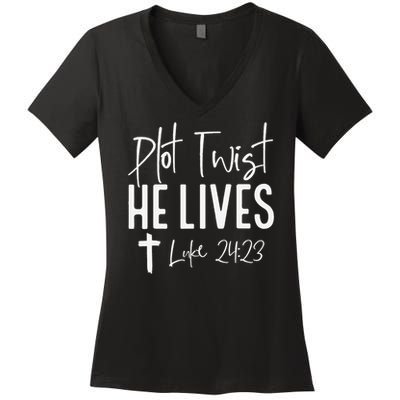 Plot Twist He Lives 2423 Jesus Easter Christian Apparel Women's V-Neck T-Shirt
