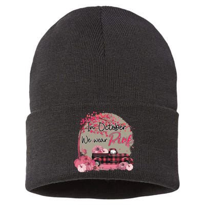 Pumpkin Truck In October We Wear Pink Breast Cancer Sustainable Knit Beanie