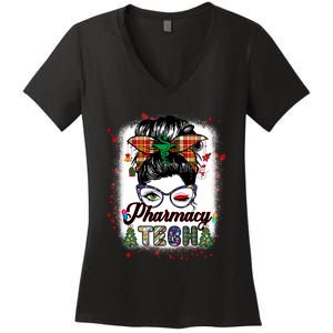 Pharmacy Tech Life Messy Bun Hair Christmas Pajama Women's V-Neck T-Shirt