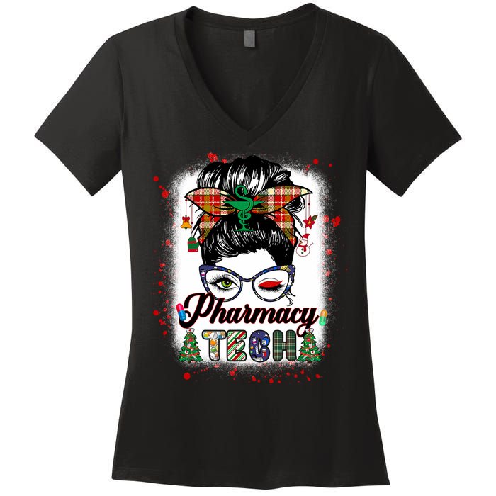 Pharmacy Tech Life Messy Bun Hair Christmas Pajama Women's V-Neck T-Shirt