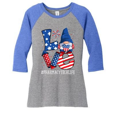 Pharmacy Tech Love 4th Of July Gnome Usa Patriotic Gift Women's Tri-Blend 3/4-Sleeve Raglan Shirt