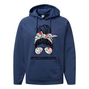 Preschool Teacher Life Messy Bun Precute Giftk Teacher Squad Cute Gift Performance Fleece Hoodie