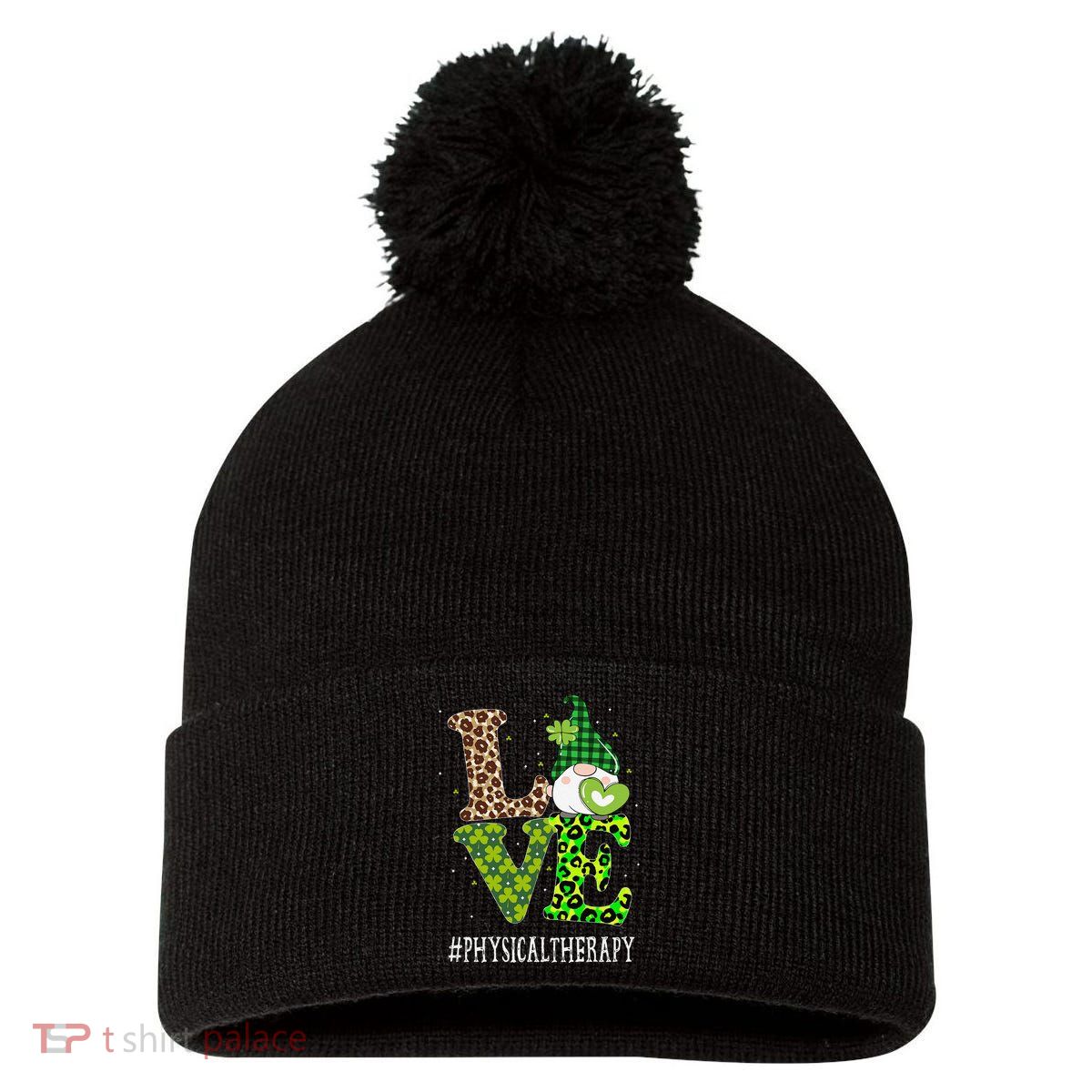 Physical Therapy Love St Patricks Day Gnome Leopard Pom Pom 12in Knit Beanie