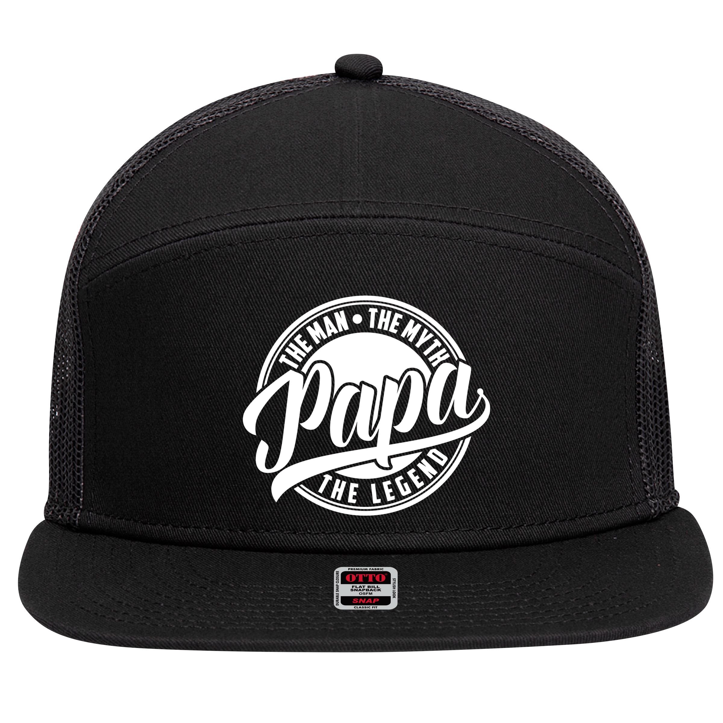Papa The Man Myth Legend Fathers Day Certified Dad Gift 7 Panel Mesh Trucker Snapback Hat