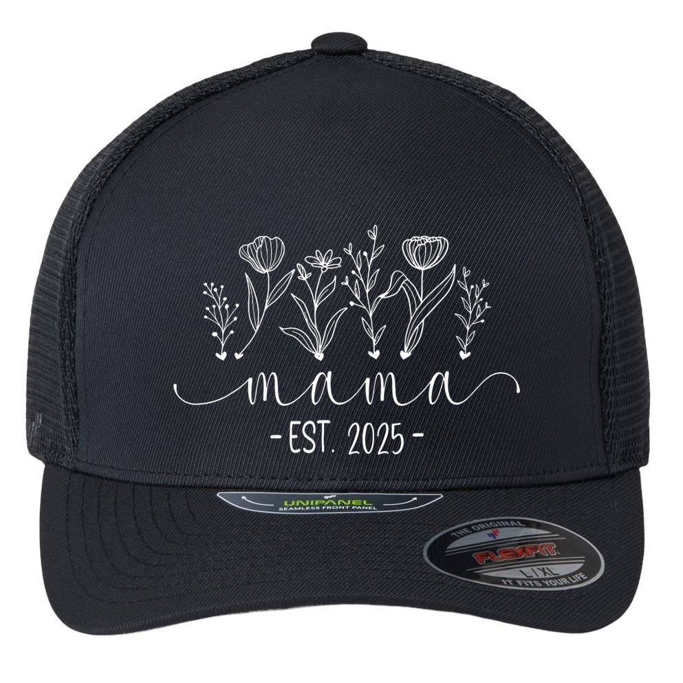 Promoted To Mama 2025 Pregnancy Floral New Mom Est 2025 Flexfit Unipanel Trucker Cap