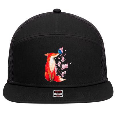 Pleased To Meet You, Japanese Fox With Cherry Blossoms 7 Panel Mesh Trucker Snapback Hat