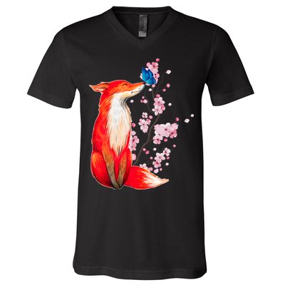 Pleased To Meet You, Japanese Fox With Cherry Blossoms V-Neck T-Shirt