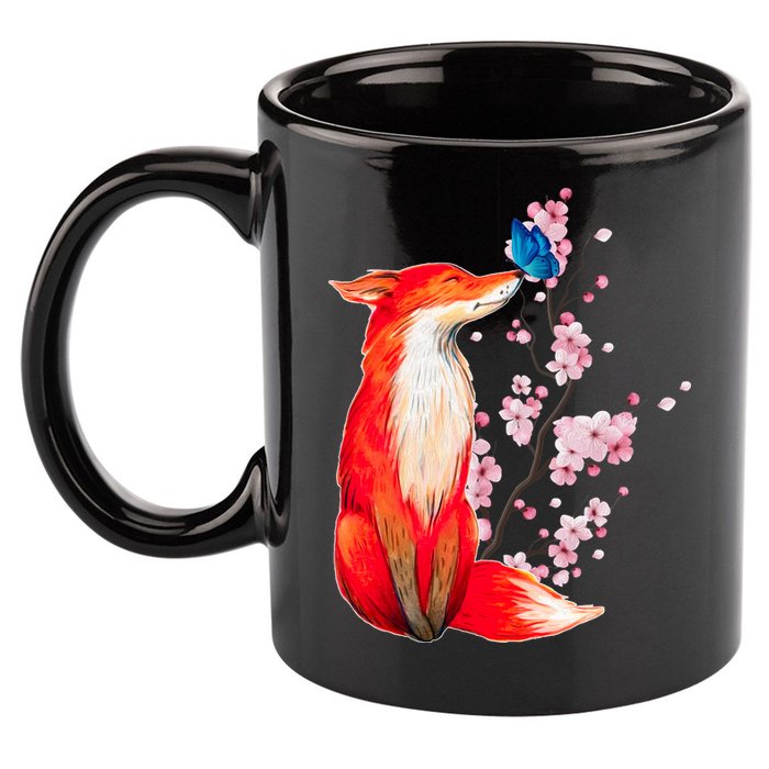 Pleased To Meet You, Japanese Fox With Cherry Blossoms 11oz C Handle Ceramic Mug
