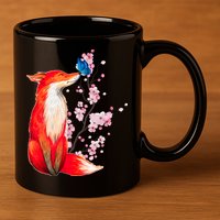 Pleased To Meet You, Japanese Fox With Cherry Blossoms 11oz C Handle Ceramic Mug