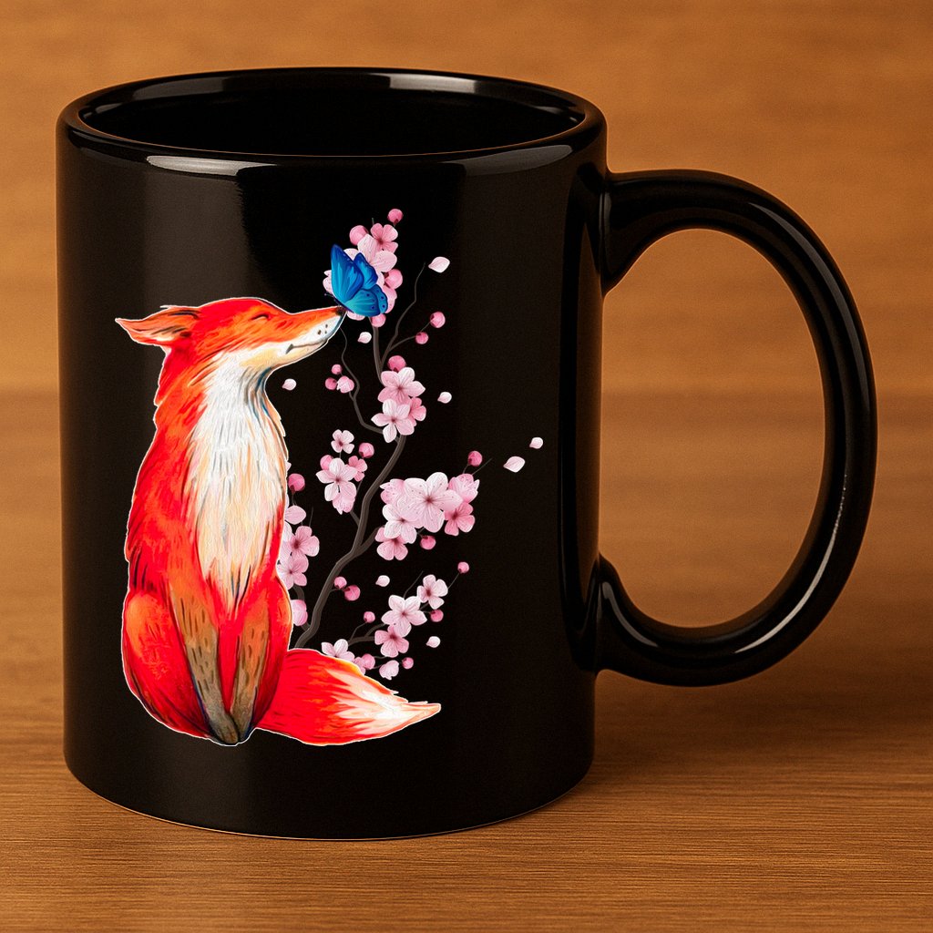 Pleased To Meet You, Japanese Fox With Cherry Blossoms 11oz C Handle Ceramic Mug
