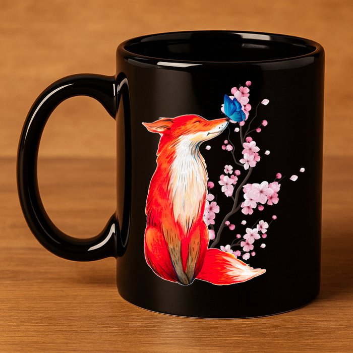 Pleased To Meet You, Japanese Fox With Cherry Blossoms 11oz C Handle Ceramic Mug