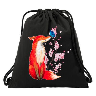 Pleased To Meet You, Japanese Fox With Cherry Blossoms Drawstring Bag