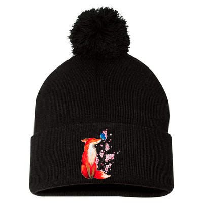 Pleased To Meet You, Japanese Fox With Cherry Blossoms Pom Pom 12in Knit Beanie