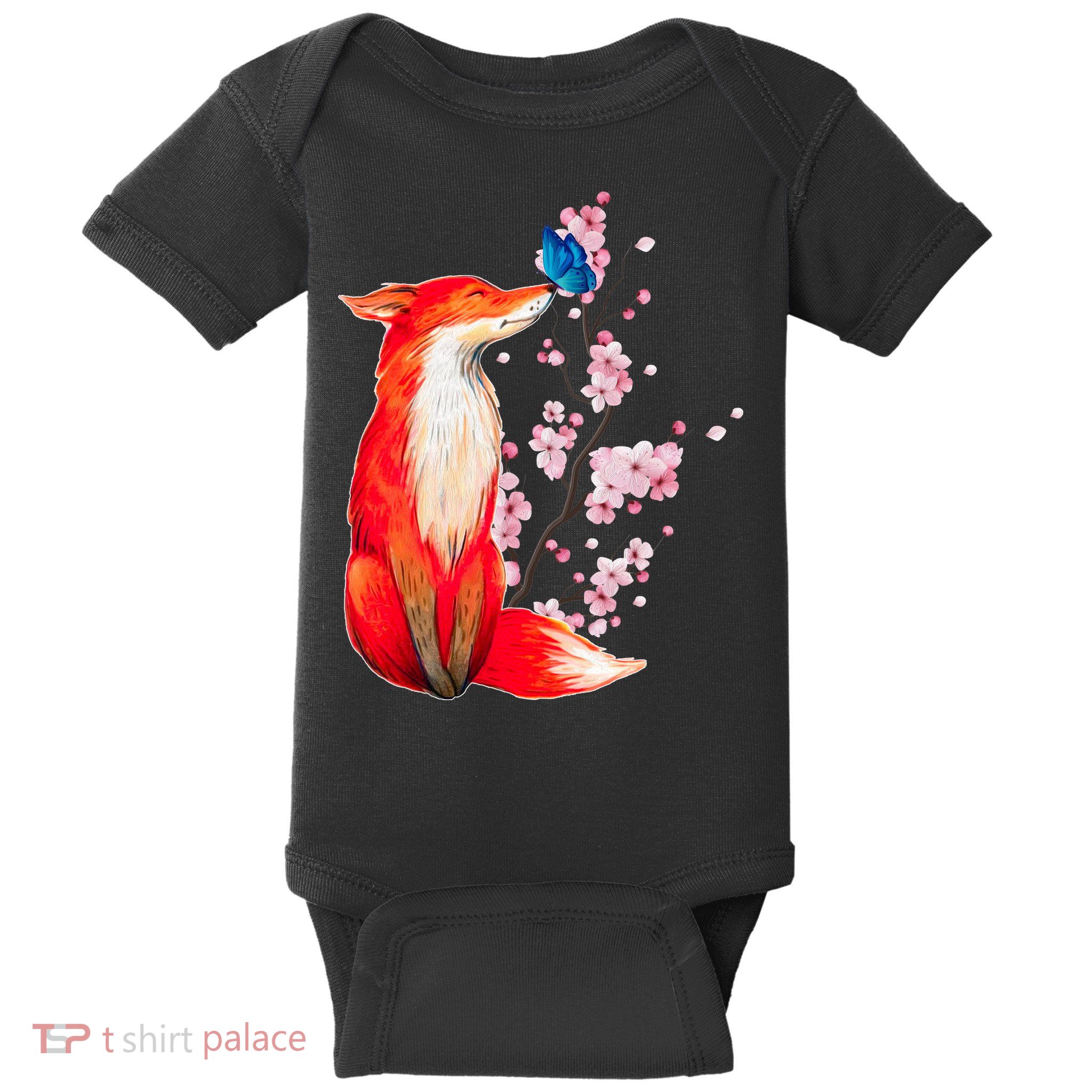 Pleased To Meet You, Japanese Fox With Cherry Blossoms Baby Bodysuit