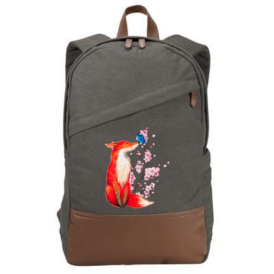 Pleased To Meet You, Japanese Fox With Cherry Blossoms Cotton Canvas Backpack