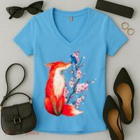 Pleased To Meet You, Japanese Fox With Cherry Blossoms Women's V-Neck T-Shirt