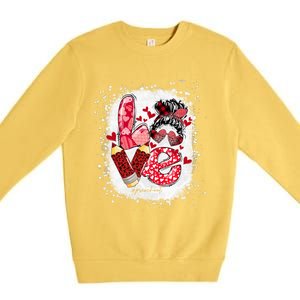 Preschool Teacher Messy Bun Hearts Bleached Valentines Day Gift Premium Crewneck Sweatshirt