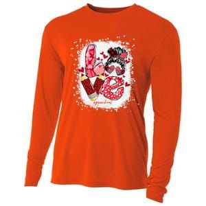 Preschool Teacher Messy Bun Hearts Bleached Valentines Day Gift Cooling Performance Long Sleeve Crew