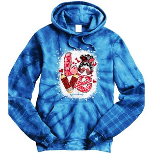 Preschool Teacher Messy Bun Hearts Bleached Valentines Day Gift Tie Dye Hoodie