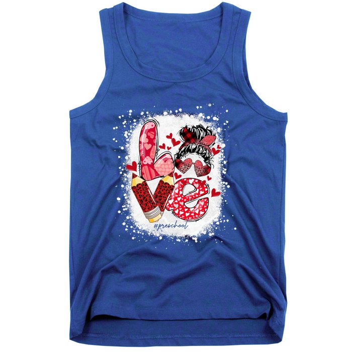 Preschool Teacher Messy Bun Hearts Bleached Valentines Day Gift Tank Top