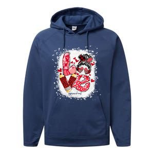 Preschool Teacher Messy Bun Hearts Bleached Valentines Day Gift Performance Fleece Hoodie