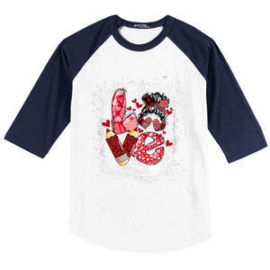 Preschool Teacher Messy Bun Hearts Bleached Valentines Day Gift Baseball Sleeve Shirt