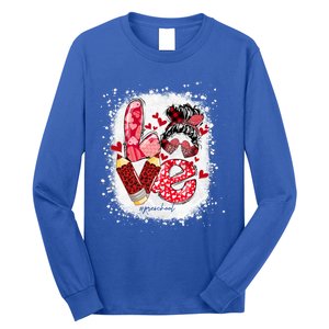 Preschool Teacher Messy Bun Hearts Bleached Valentines Day Cool Gift Long Sleeve Shirt