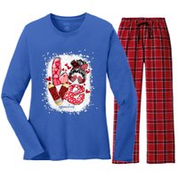 Preschool Teacher Messy Bun Hearts Bleached Valentines Day Cool Gift Women's Long Sleeve Flannel Pajama Set 