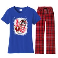 Preschool Teacher Messy Bun Hearts Bleached Valentines Day Cool Gift Women's Flannel Pajama Set