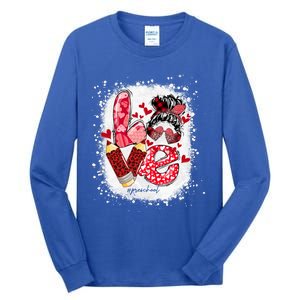 Preschool Teacher Messy Bun Hearts Bleached Valentines Day Cool Gift Tall Long Sleeve T-Shirt