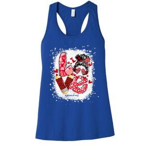 Preschool Teacher Messy Bun Hearts Bleached Valentines Day Cool Gift Women's Racerback Tank