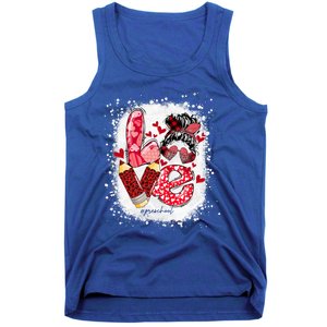 Preschool Teacher Messy Bun Hearts Bleached Valentines Day Cool Gift Tank Top