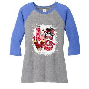 Preschool Teacher Messy Bun Hearts Bleached Valentines Day Cool Gift Women's Tri-Blend 3/4-Sleeve Raglan Shirt