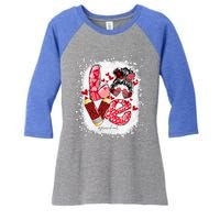 Preschool Teacher Messy Bun Hearts Bleached Valentines Day Cool Gift Women's Tri-Blend 3/4-Sleeve Raglan Shirt