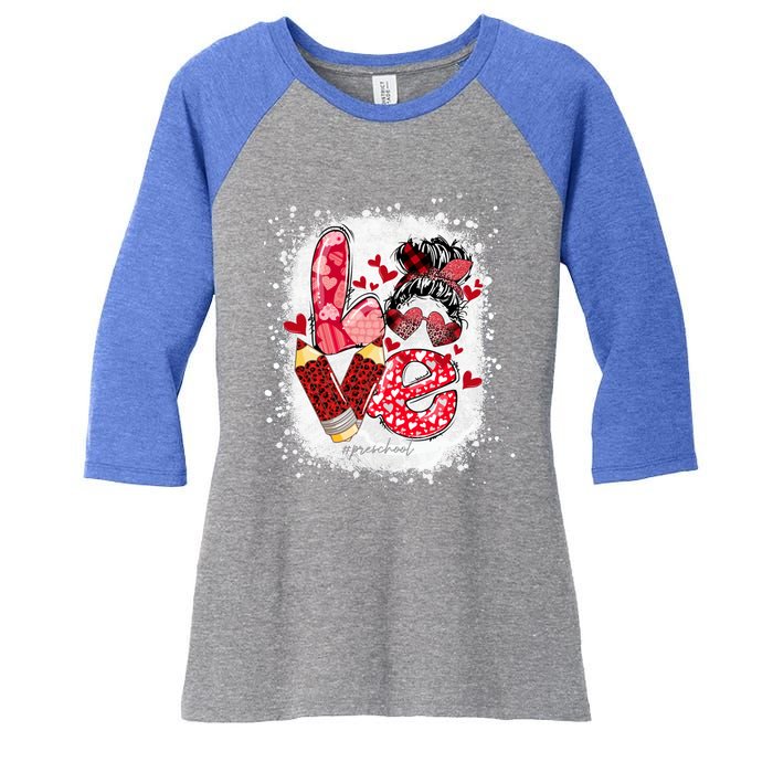 Preschool Teacher Messy Bun Hearts Bleached Valentines Day Cool Gift Women's Tri-Blend 3/4-Sleeve Raglan Shirt