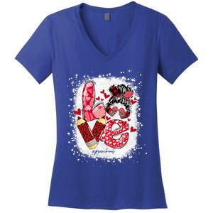 Preschool Teacher Messy Bun Hearts Bleached Valentines Day Cool Gift Women's V-Neck T-Shirt