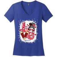 Preschool Teacher Messy Bun Hearts Bleached Valentines Day Cool Gift Women's V-Neck T-Shirt