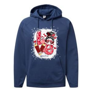 Preschool Teacher Messy Bun Hearts Bleached Valentines Day Cool Gift Performance Fleece Hoodie