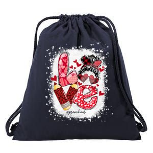 Preschool Teacher Messy Bun Hearts Bleached Valentines Day Cool Gift Drawstring Bag