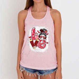 Preschool Teacher Messy Bun Hearts Bleached Valentines Day Cool Gift Women's Knotted Racerback Tank