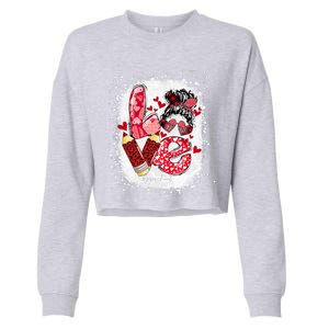 Preschool Teacher Messy Bun Hearts Bleached Valentines Day Cool Gift Cropped Pullover Crew